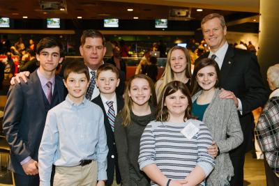 Youth board of directors: Pictured l-r: youth board chair Henry Richard, Peter Datish, Mayor Walsh, Jack Burke, Ava O’Brien, Jane Richard, Annie Jackson, Liley Damatin, and Gov. Baker. Not shown: Board member Eamon Baker. Photo by Mike Ritter/ritterbin.com